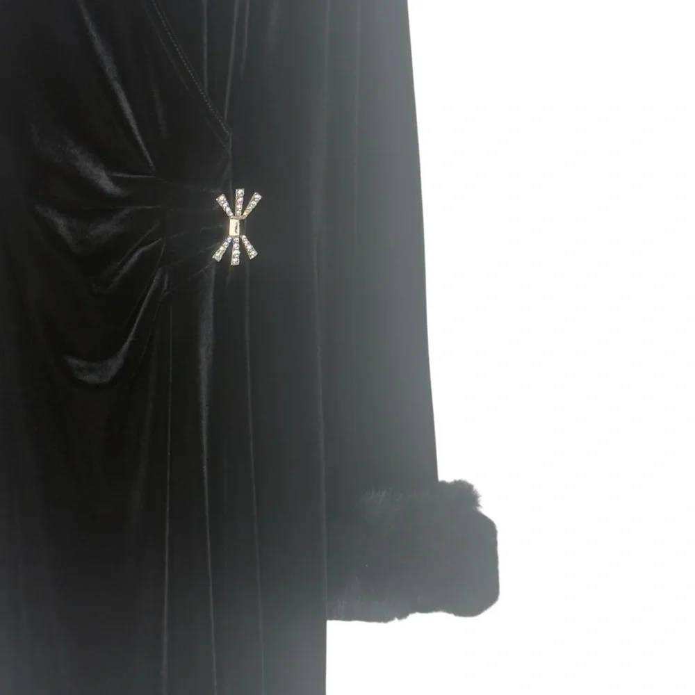 Vintage Joseph Ribkoff Black Velvet Faux Fur Cuffs Rhinestone Accent Gown Large - Picture 5 of 15